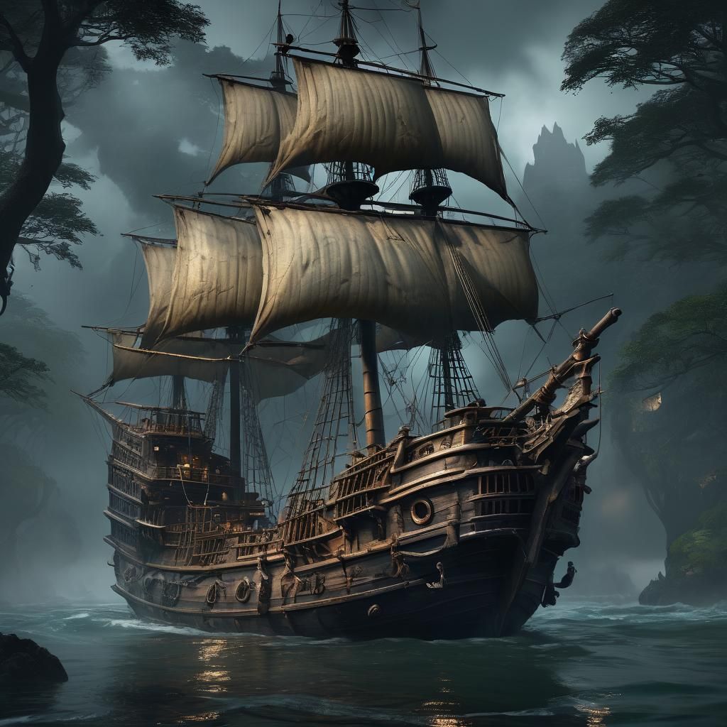 Forgotten Pirate Ship Drifting Silently in Fog