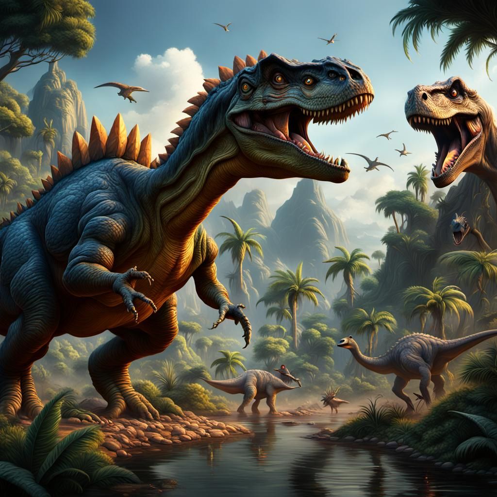 Dinosaur Scene with Birds: Detailed Matte Painting