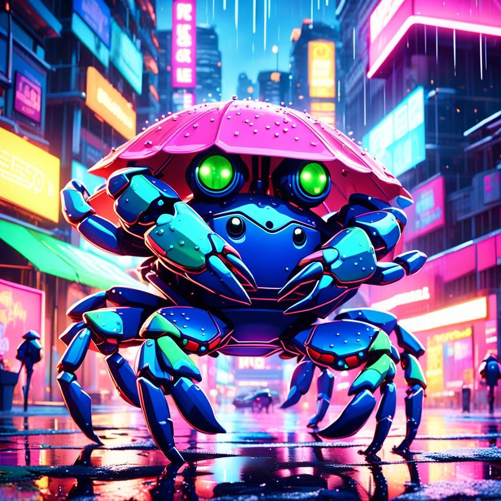 Cartoon Crab in Rainy City, 3D Comic Style