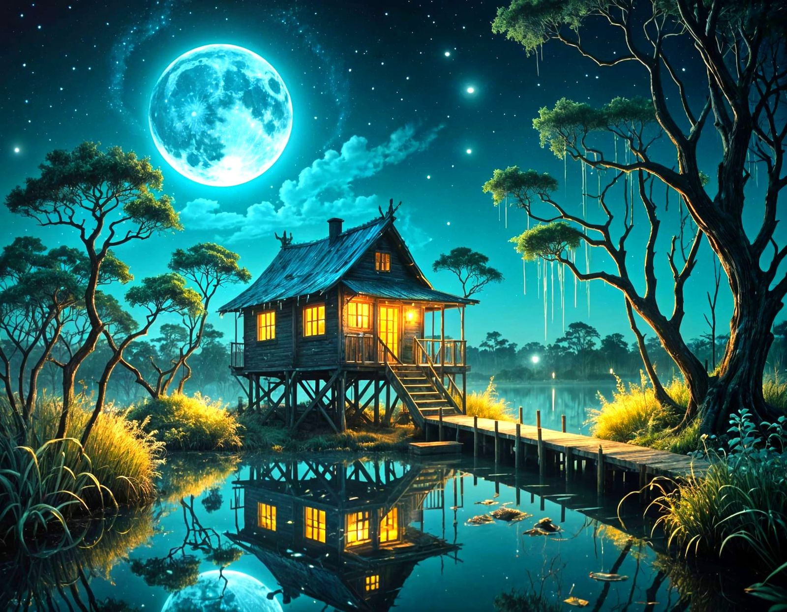 Surreal Moonlit Bayou with Bioluminescent Spanish Moss