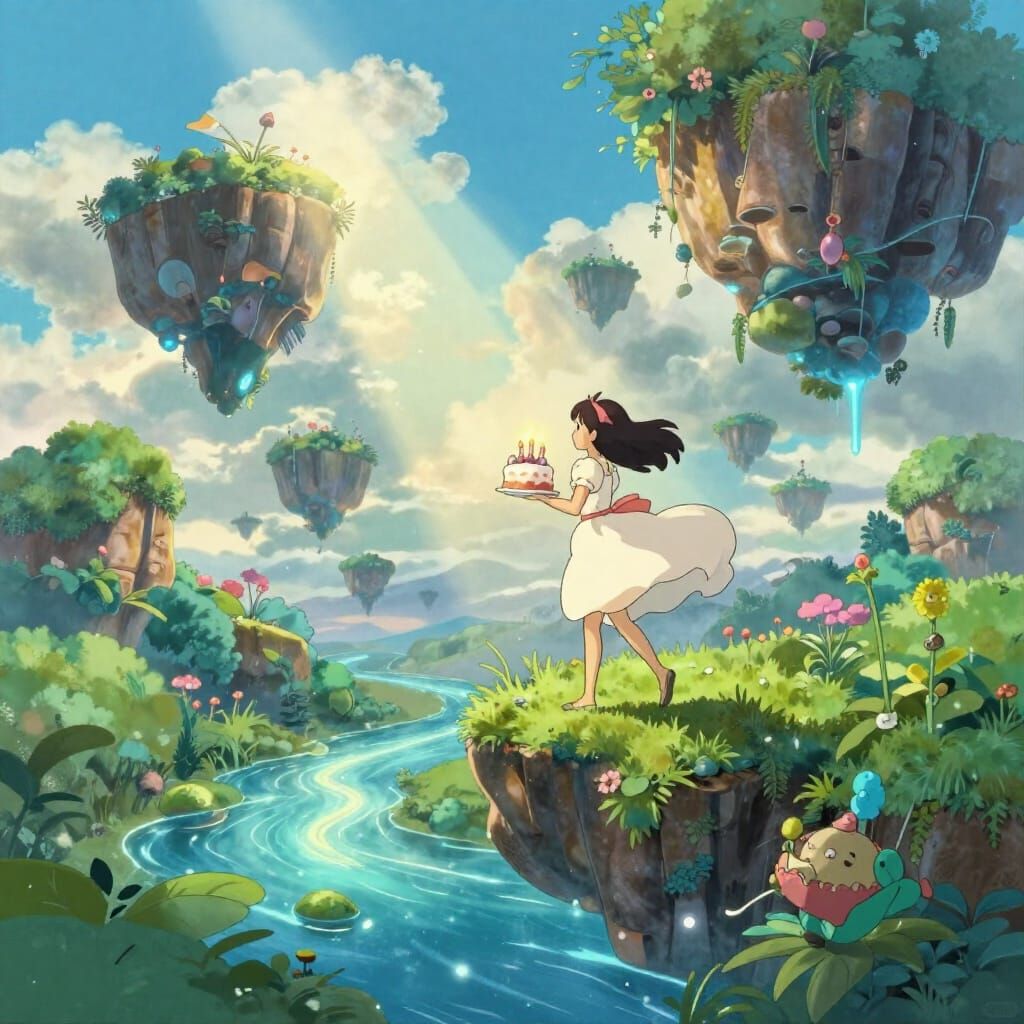 Dreamlike Journey: Woman with Birthday Cake on Floating Isla...