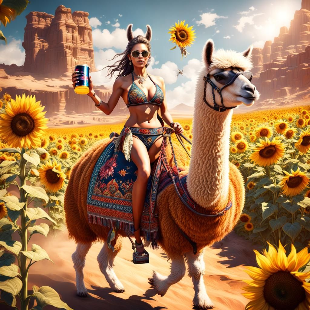 Woman on Llama with Red Bull: Fantasy Art
