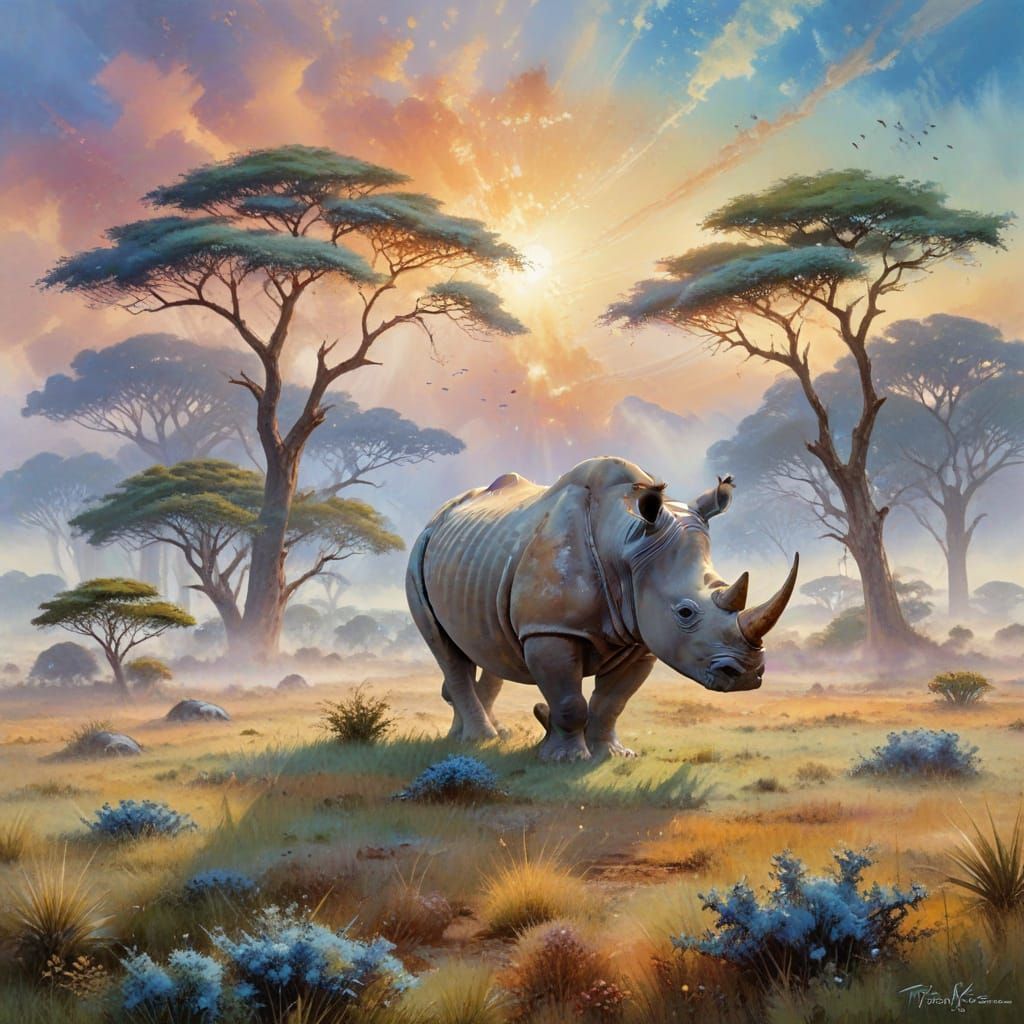 Rhino on Savanna in Impressionistic Watercolor Style