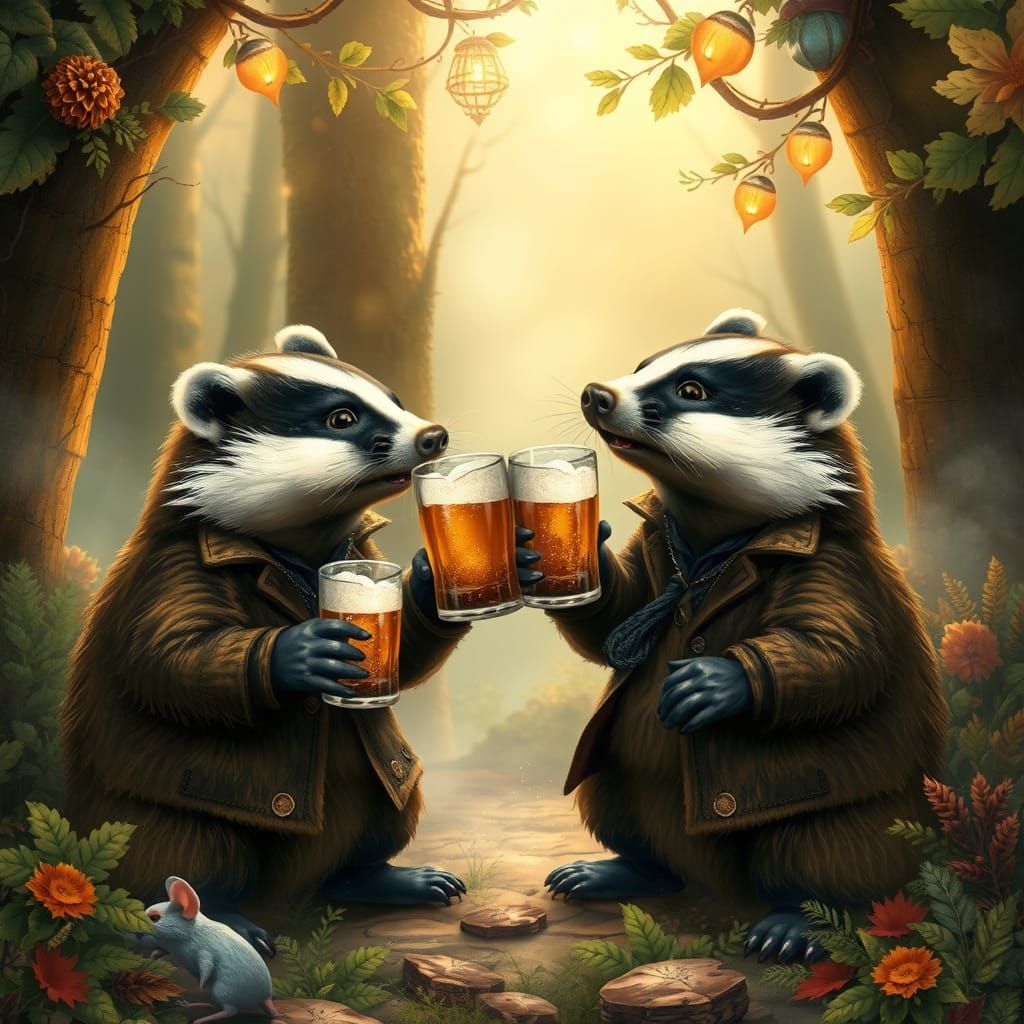 Badgers and Rat Enjoying Pints in Cozy Forest