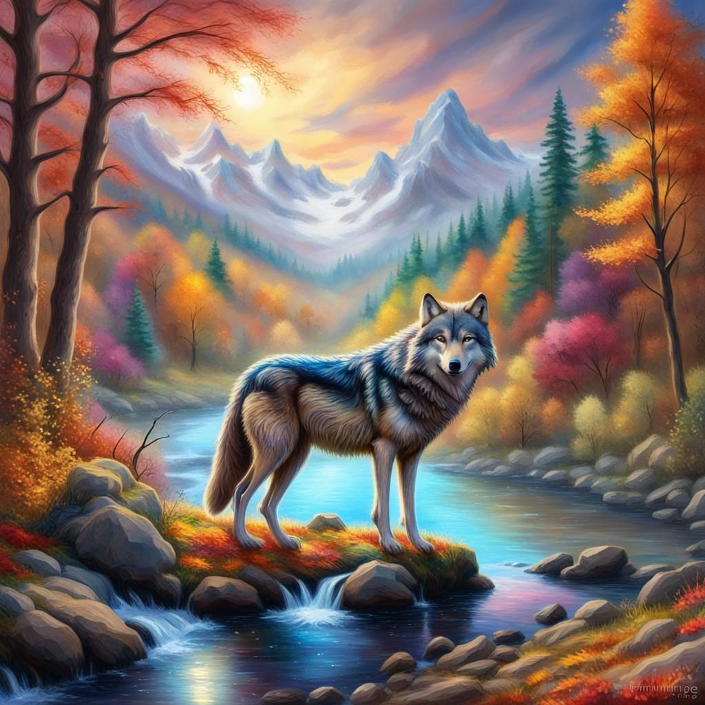 Wolf by River in Autumn Wood, Cosmic Illustration