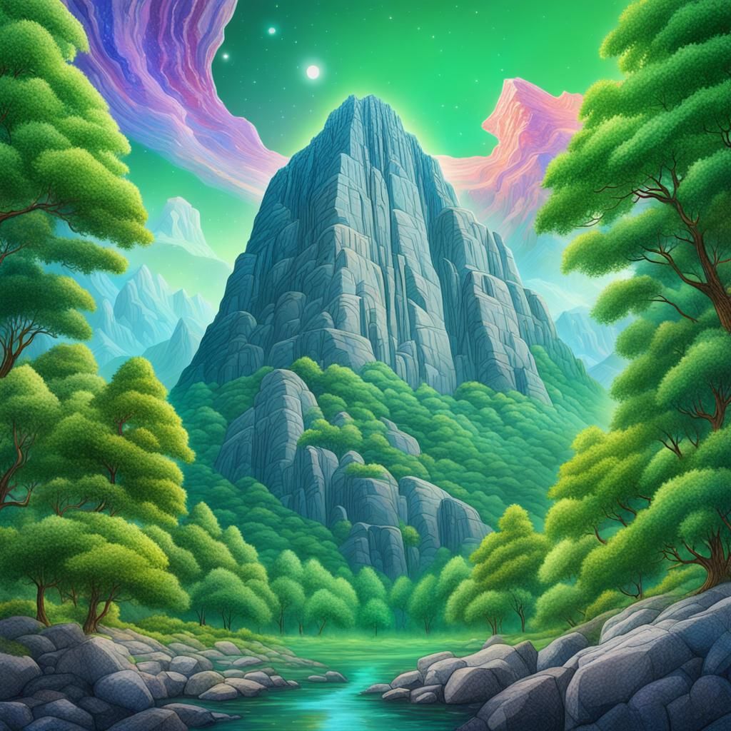 Towering Granite Cliff in Cosmic Illustration