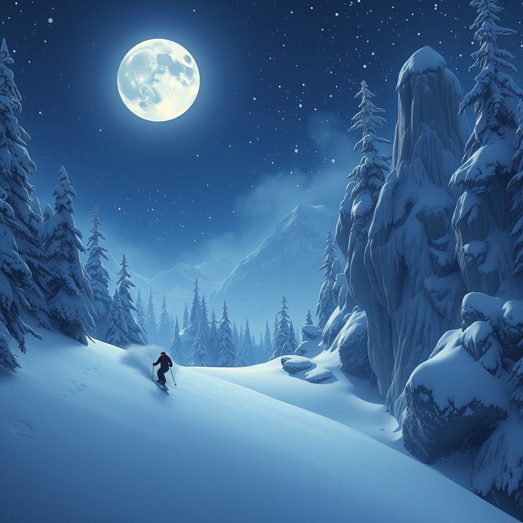 Lone Skier Under Full Moon Illumination in Snowy Ski Slopes