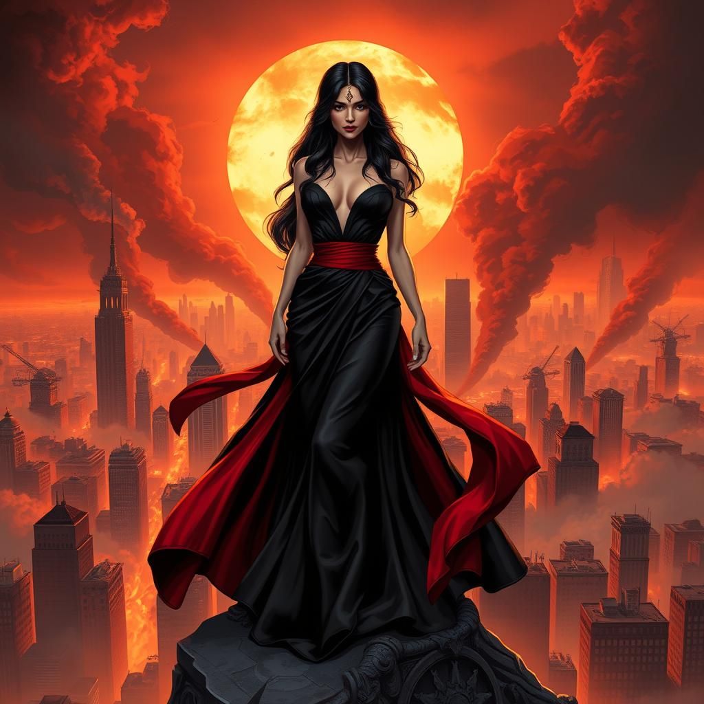 Villainess Overlooking Ruined Cityscape in Comic Book Style