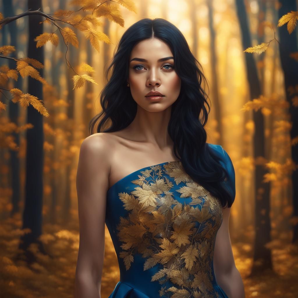 Girl in Blue and Gold Dress in Autumn Forest