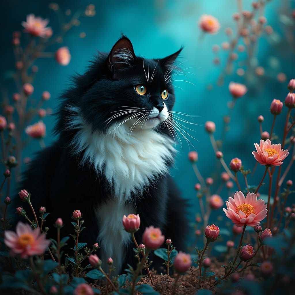 Majestic Tuxedo Cat in a Sea of Colourful Art