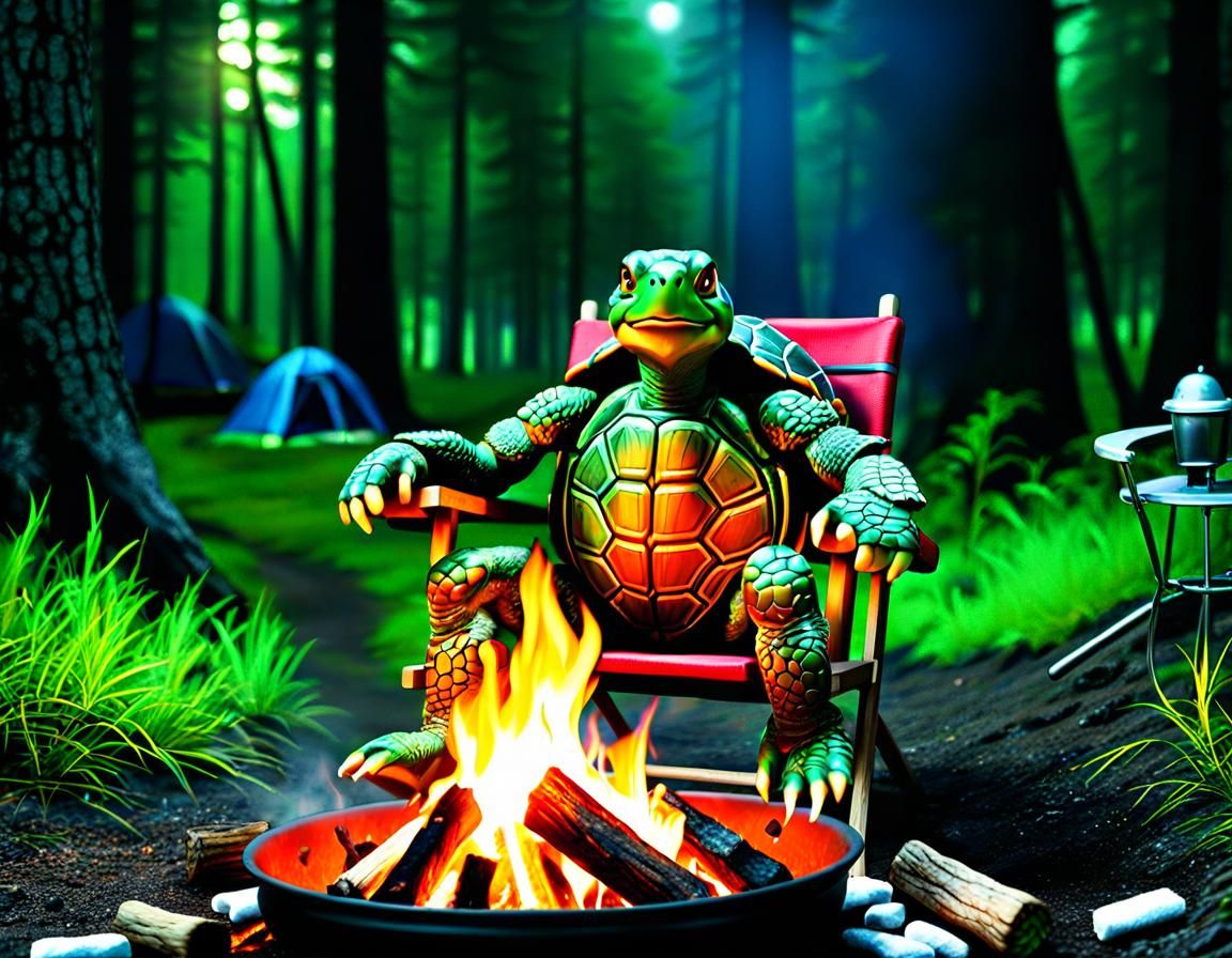 Anthropomorphic Turtle on Vacation by Campfire