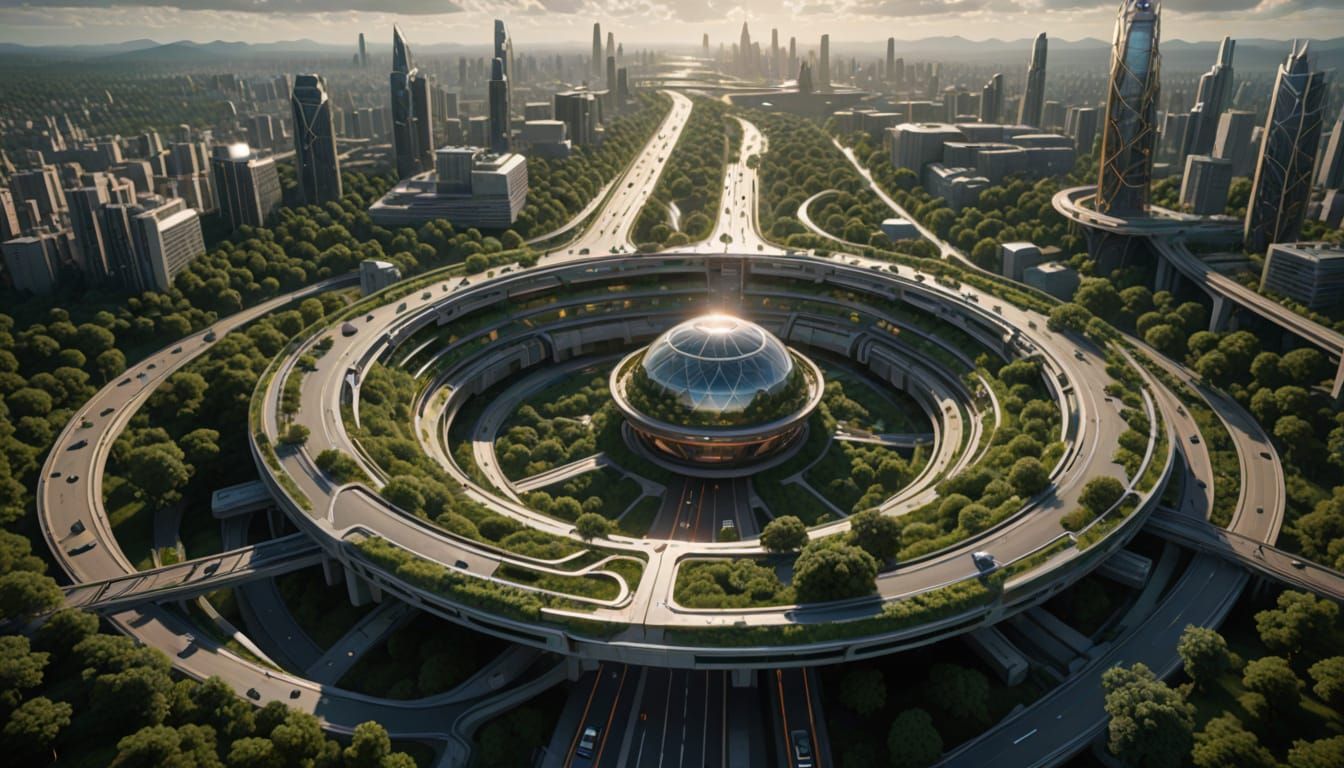 Futuristic Cityscape with Sun-Wheel Districts and Elevated R...