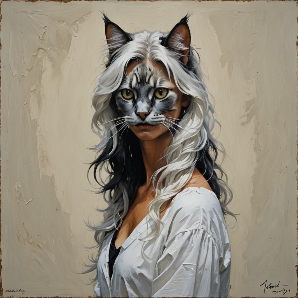 Woman with Black Hair and White Cat as Oil Painting