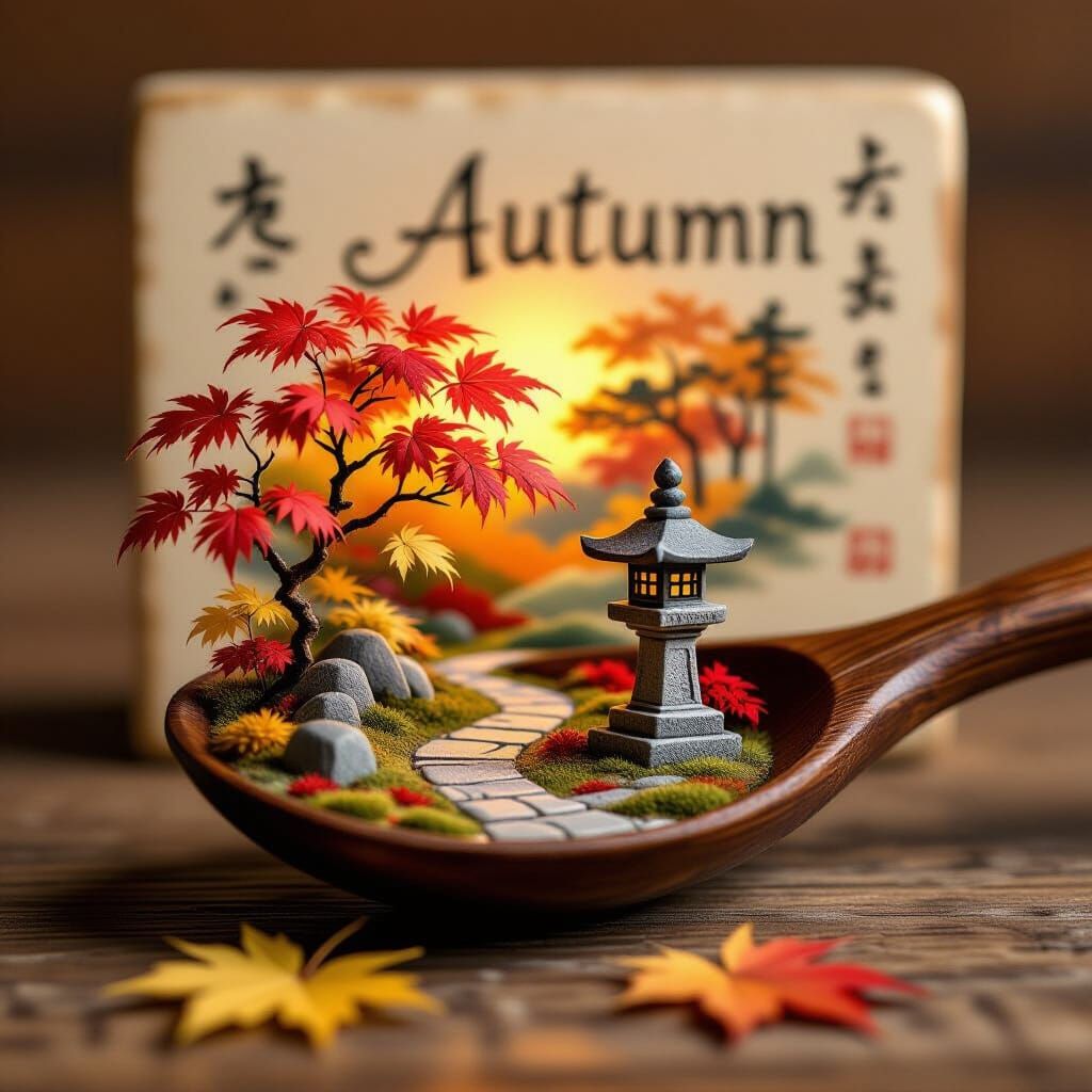 Japanese Autumn Scene in Wooden Spoon, Woodblock Print Style