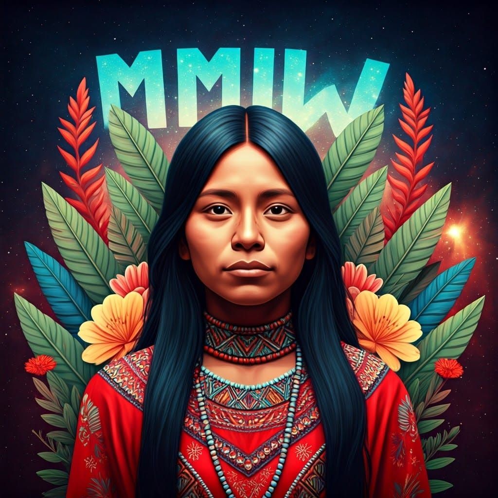 Indigenous Woman in Red Dress with Cosmic Background