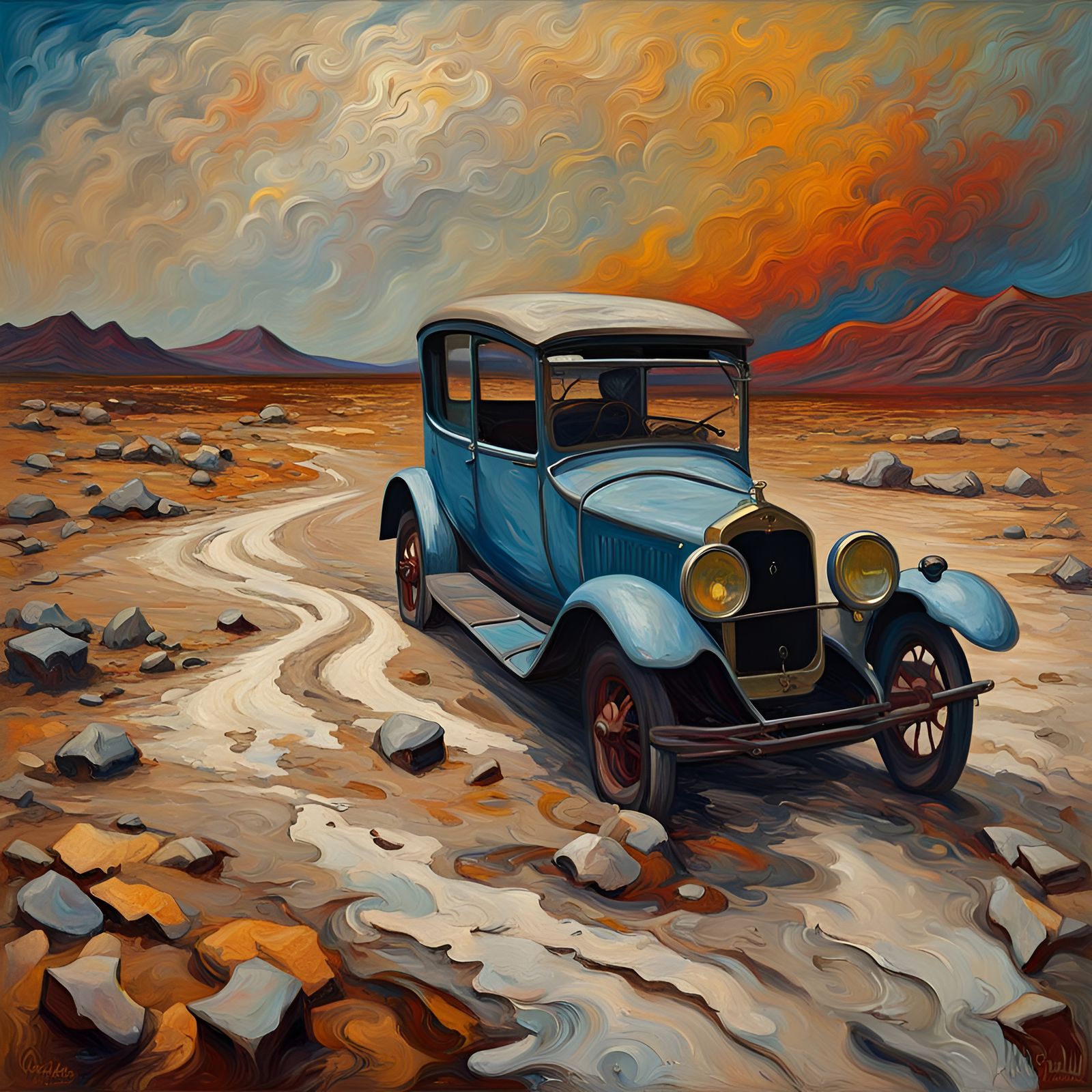 Stormy and howling wind 1920s car in a barren landscape abstract sinister in oils neo-impressionism expressionist style ...