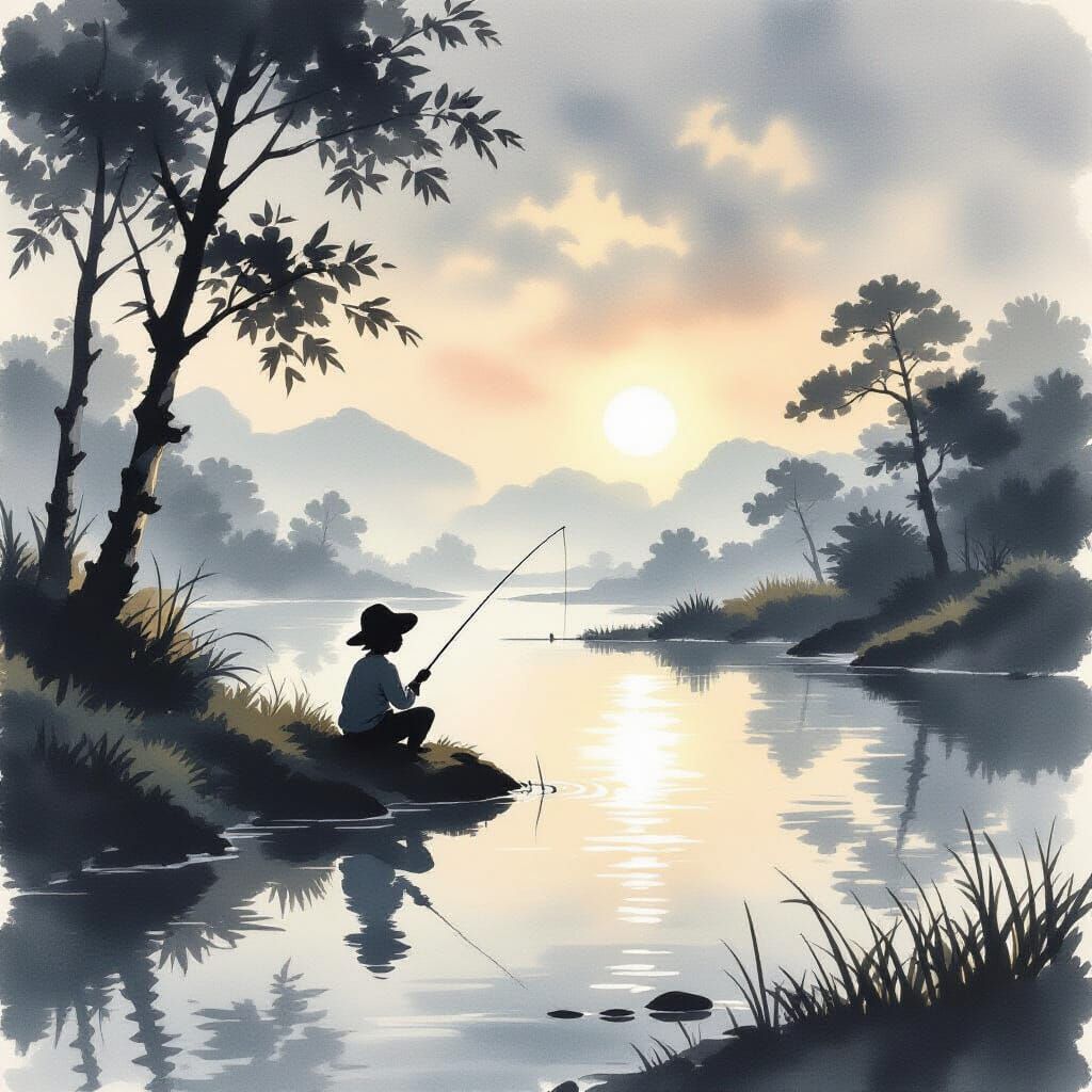 Child Fishing by River in Ethereal Light, Japanese Ink Style
