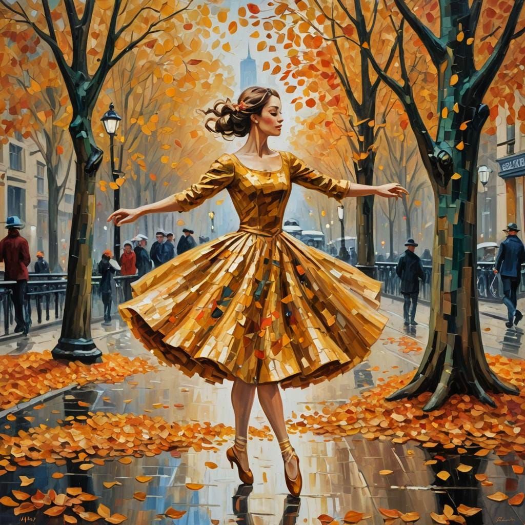 Ballerina's Autumn Dance: Expressionist Impasto Oil Painting