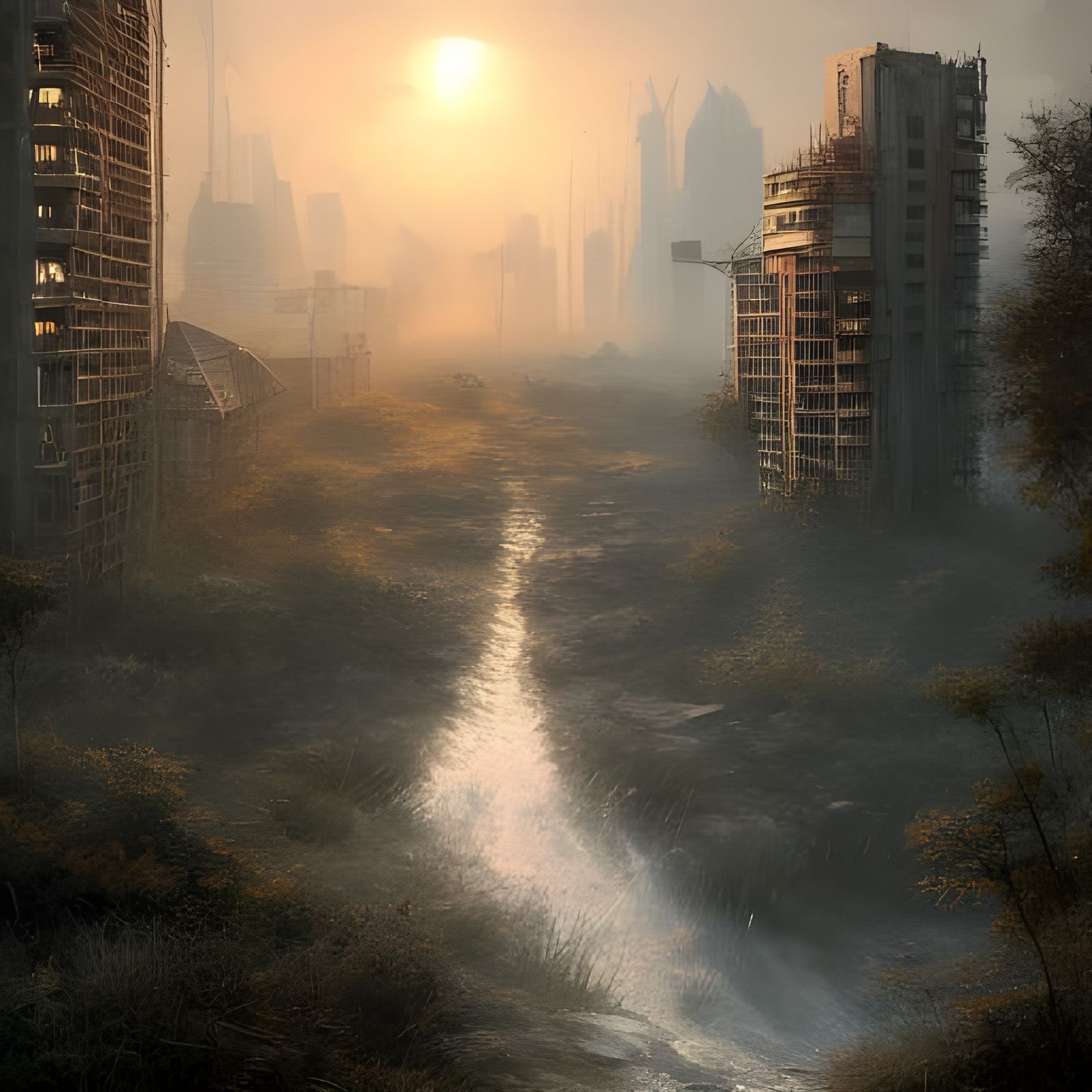 Post-Apocalyptic River Scene at Sunrise