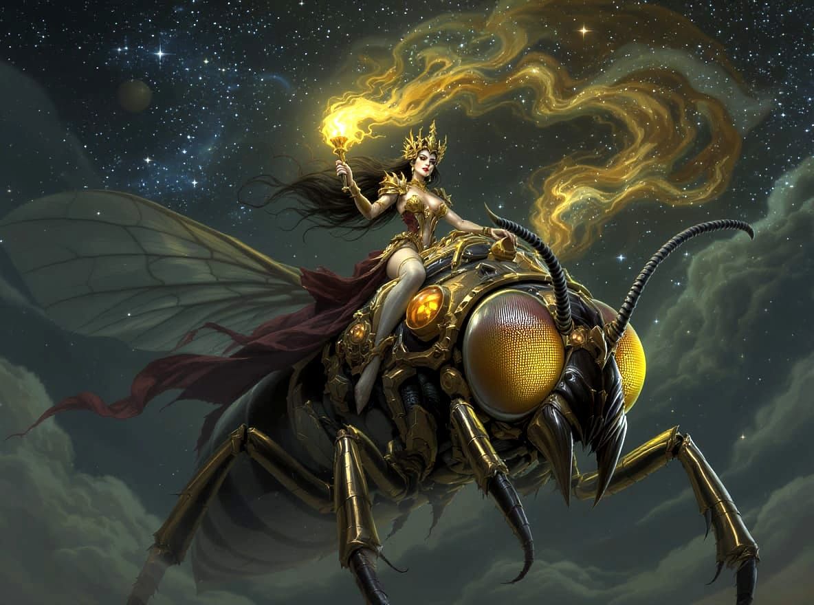 Steampunk Insect Queen on Ornate Mount in Surreal Sky