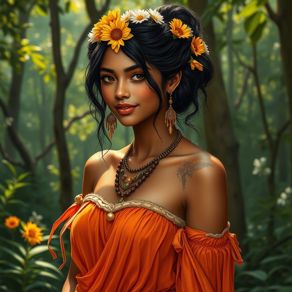 Indian Woman in Forest with Flowers and Jewelry