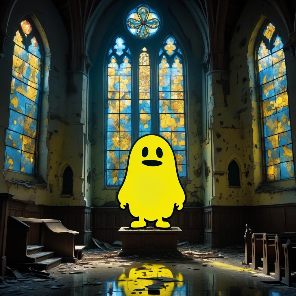 Sinister Stained Glass Creature in Abandoned Church