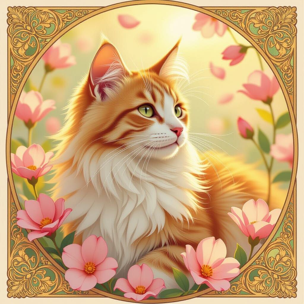 Cat Surrounded by Flowers in Art Nouveau Style