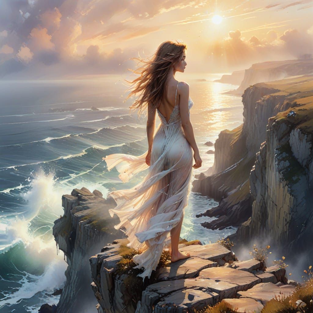 Ethereal Woman on Cliff Overlooking Foggy Ocean in Watercolo...