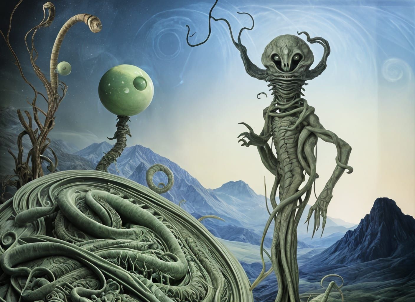 Conceptual Alien Beings Blossom Into Mountains