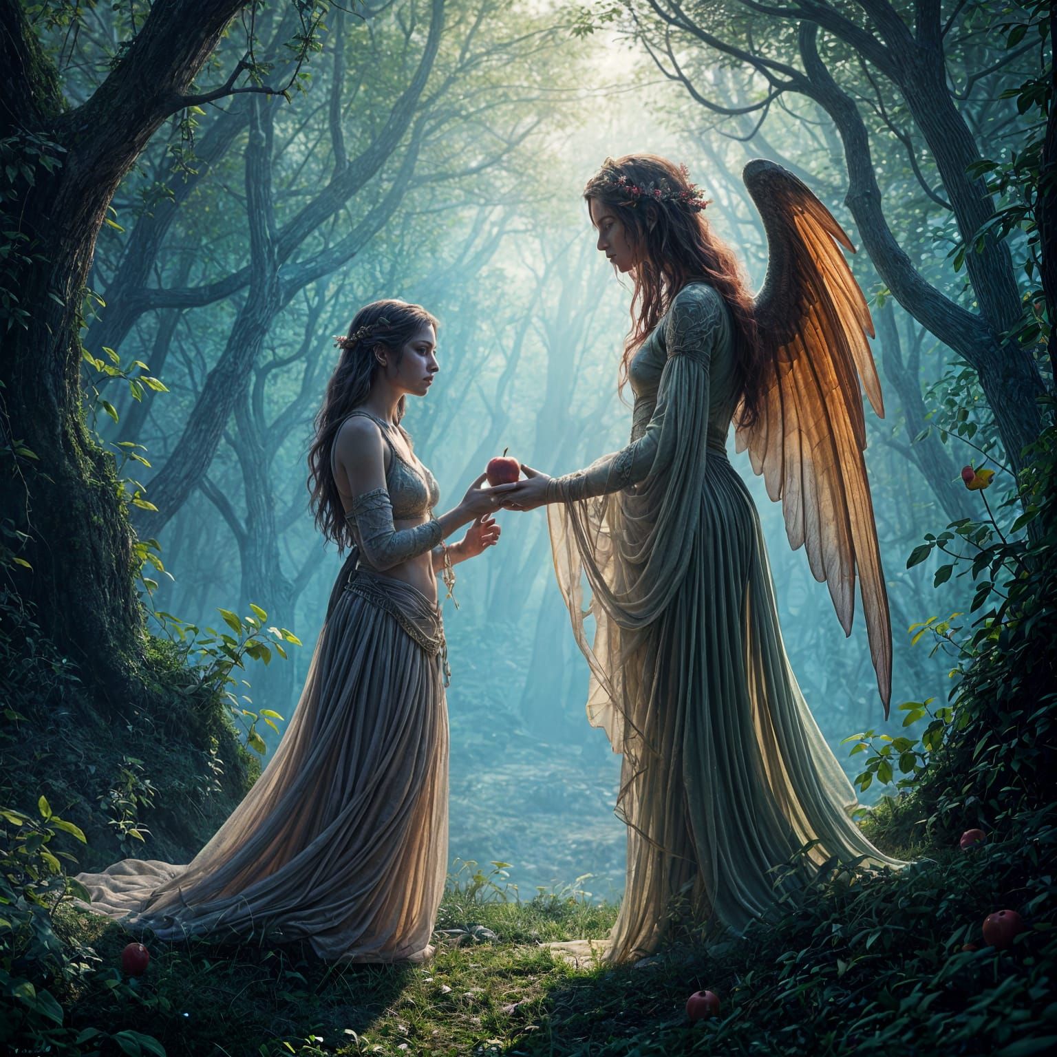 Lilith Tempts Eve with Forbidden Fruit in Vibrant Fantasy Ar...