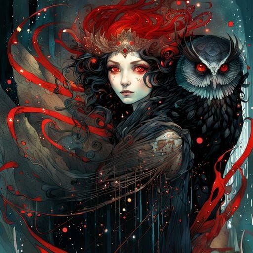 Fantastical Banshee Queen with Owl, Ink Flow Art