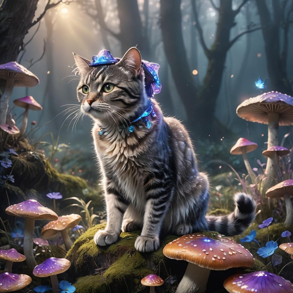 Tabby Cat on Glowing Mushroom: Ethereal Concept Art