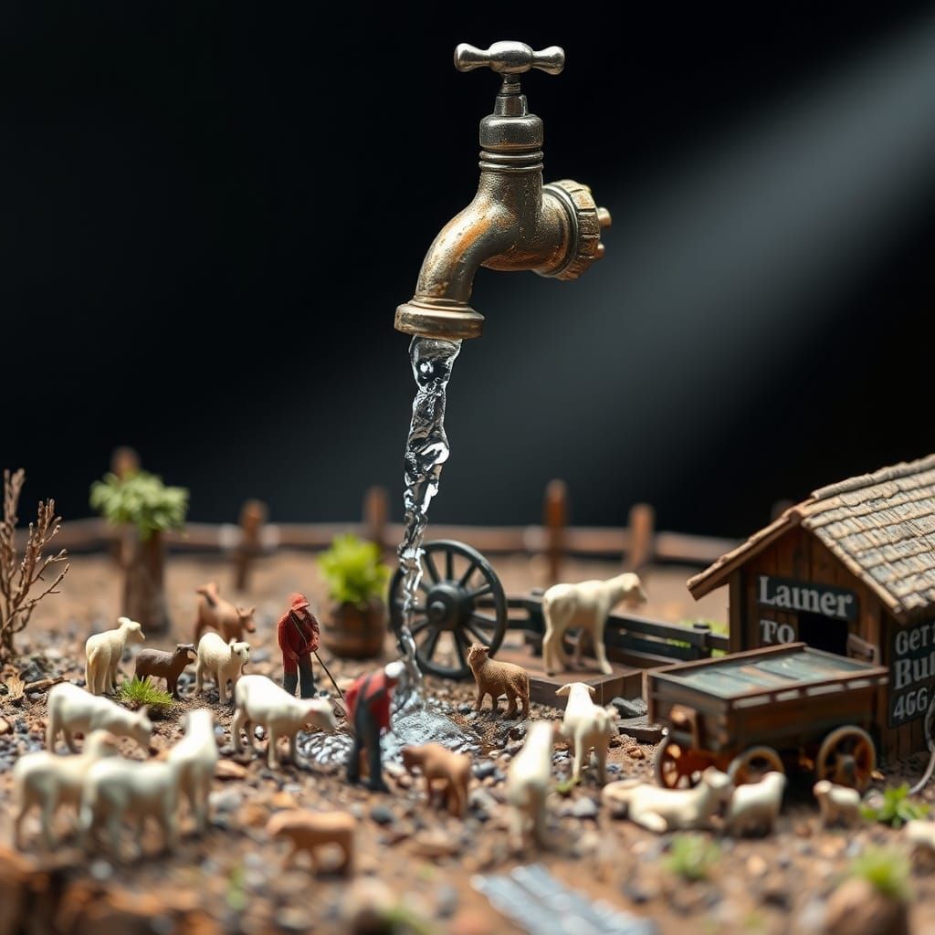 Surreal Farm Diorama: Giant Faucet & Tiny Farmers
