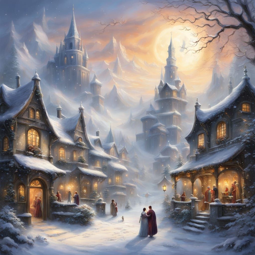 Mystical Beings Gather in Snowy Village Square in Whimsical...