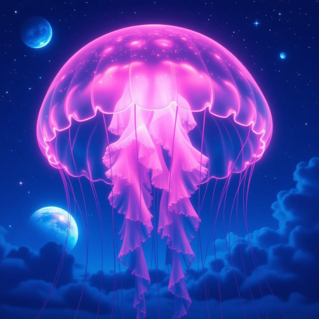 Giant Neon Jellyfish Levitates in Surreal Cosmic Sky