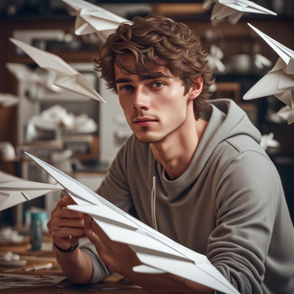Detailed Portrait of a Young Man Folding Paper Airplane
