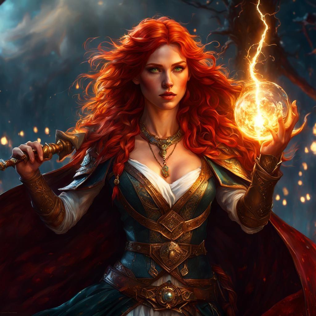 Red-Haired Sorceress Casting Lightning Magic