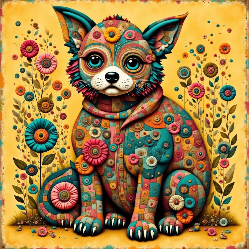 Yarn monster knitting a sweater, pop surrealism <lora:patchw...