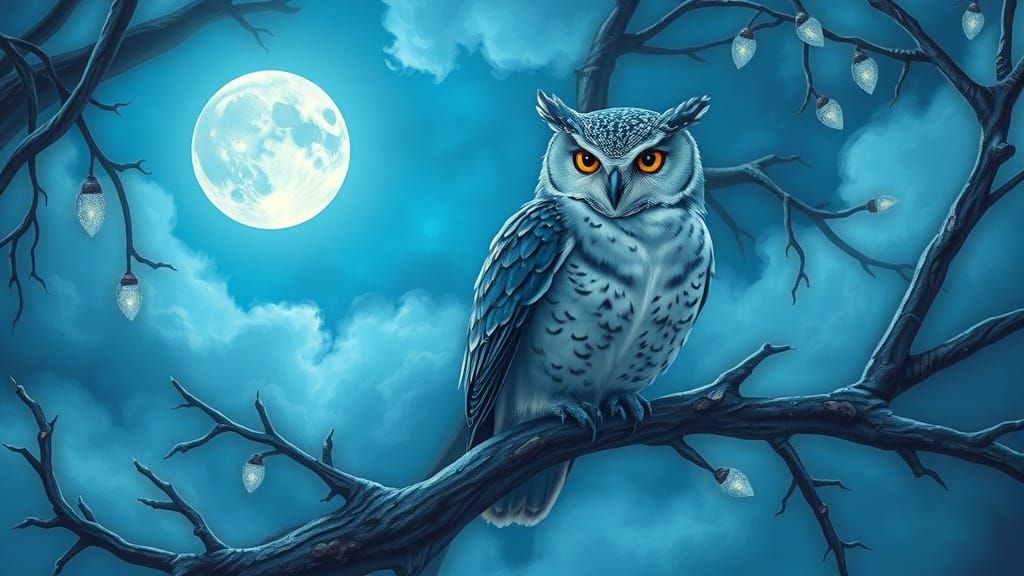 Glowing Blue Owl Under Moonlight Fantasy Sky