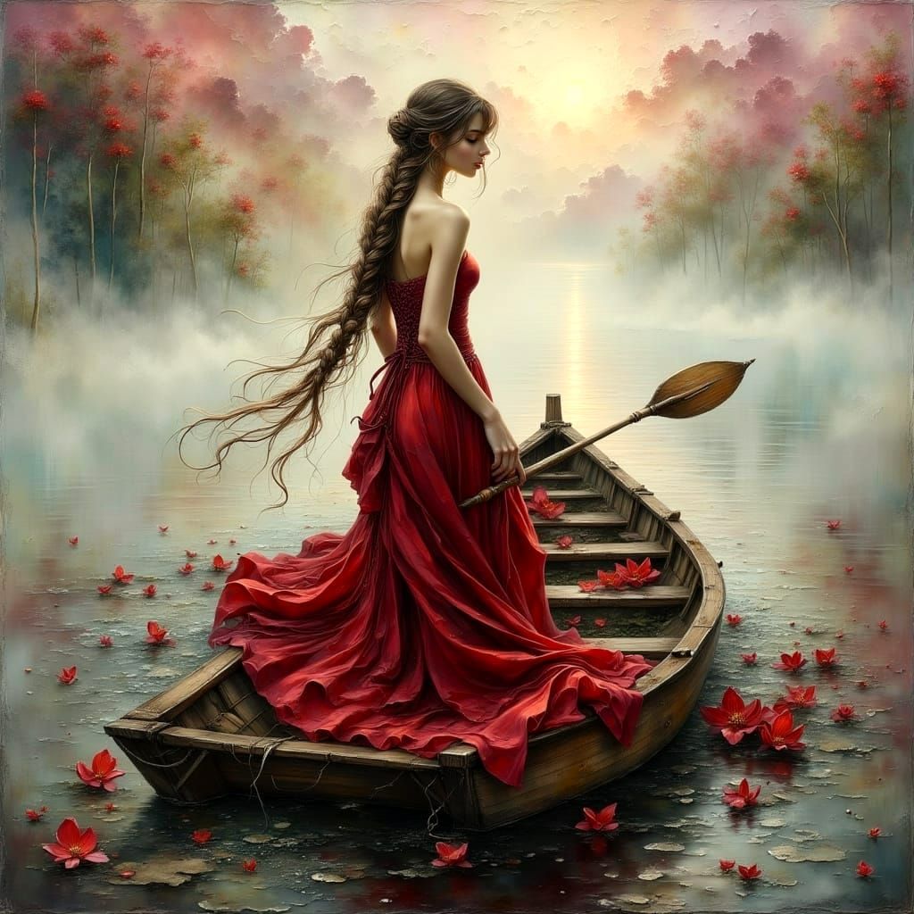 Boho Woman in Rainy Forest, Impasto Oil Painting