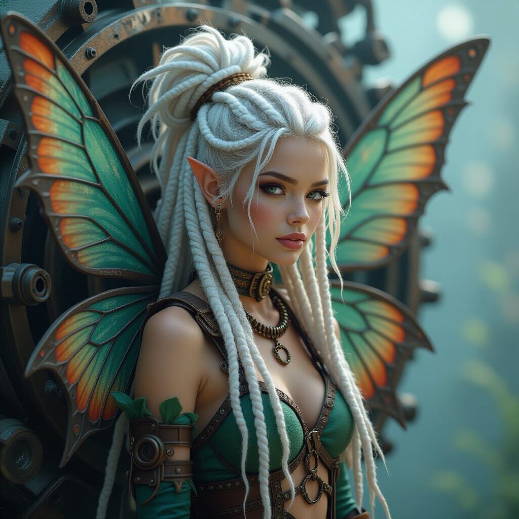 Steampunk Fairy with Vine Wings in Industrial Setting