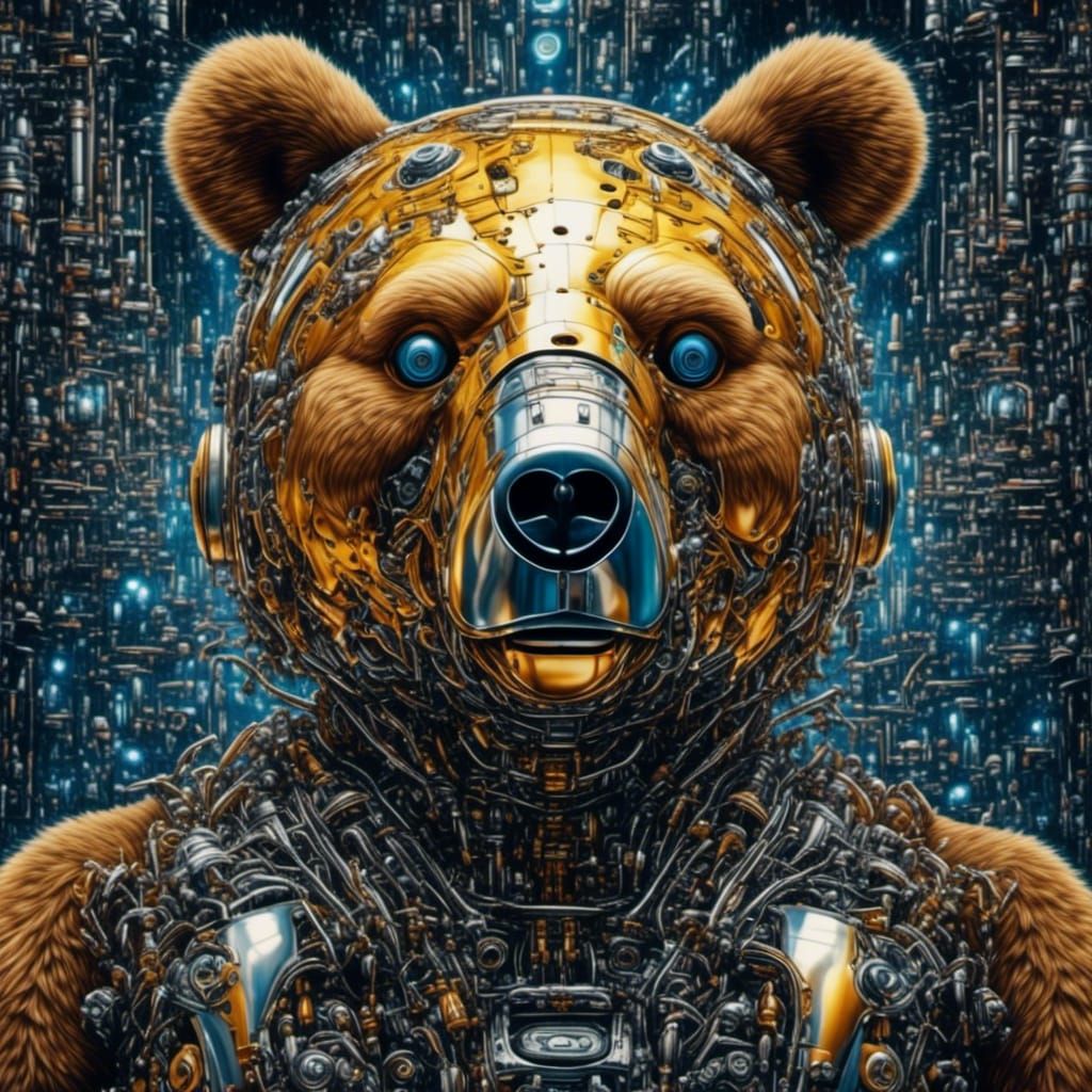 Cybernetic Chrome Bear Portrait in Darkness
