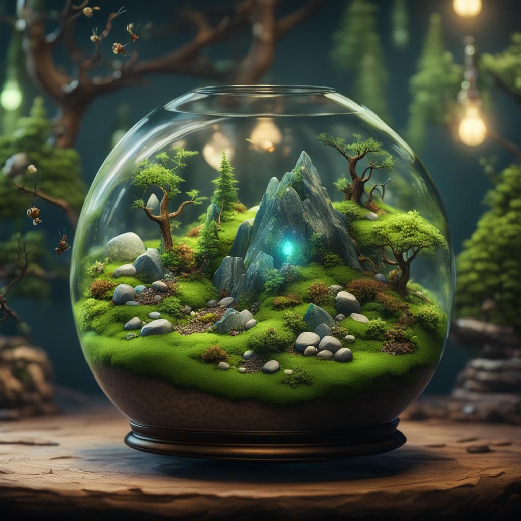 Lush Terrarium with Crystals and Miniature Life
