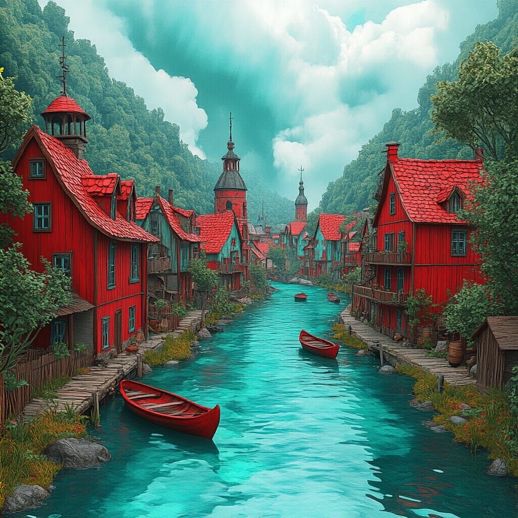 Whimsical River Village in Red and Turquoise Watercolour