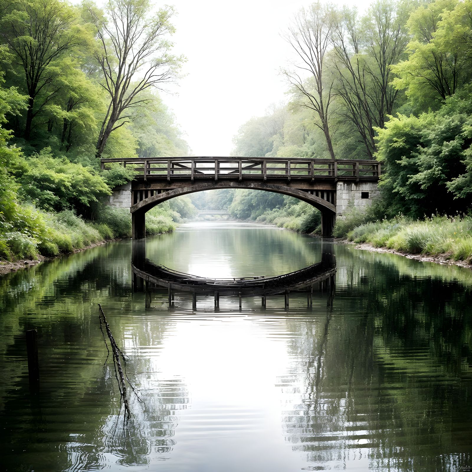 Weathered Railway Bridge in a Tranquil River Landscape