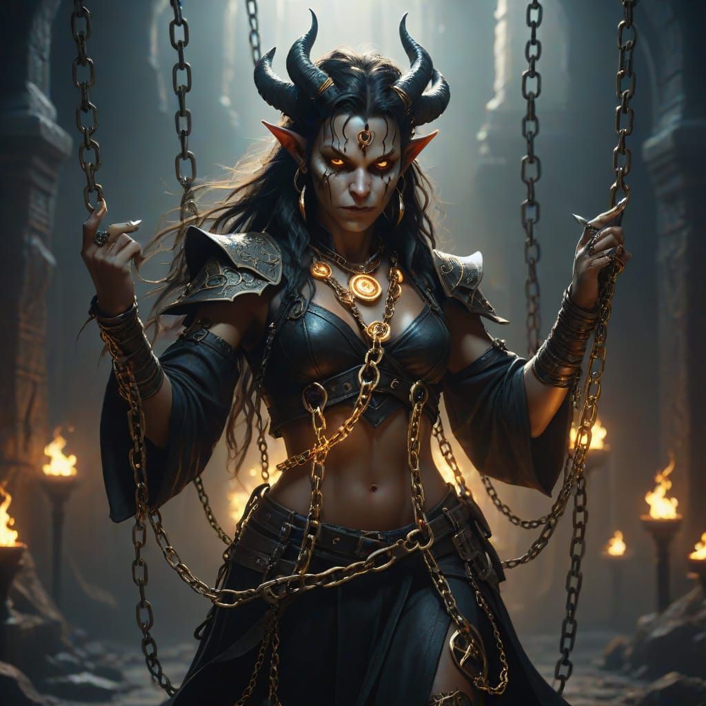 Tiefling Sorceress Wields Animated Metal Chains