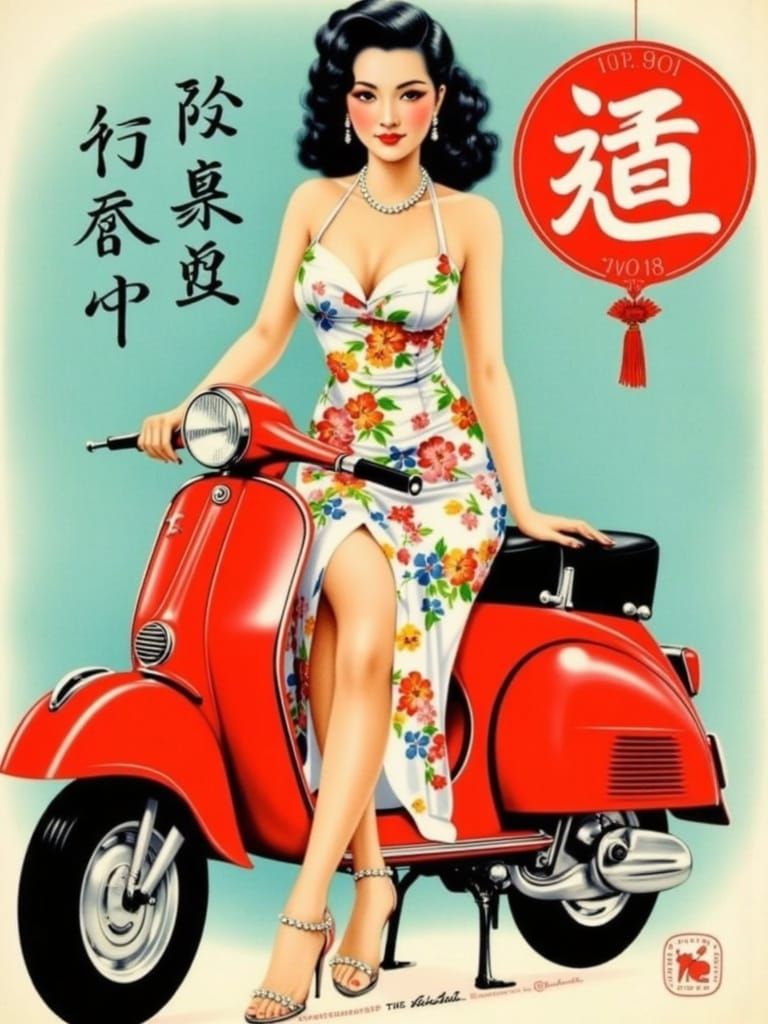 Vintage Japanese Woman on Vespa in Pin-Up Style