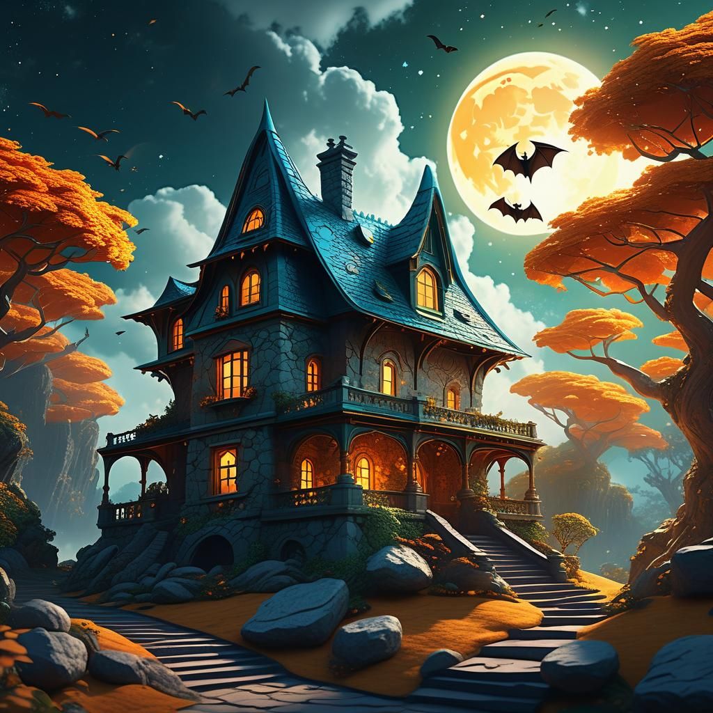 Fantasy House with Dragon: Vibrant Digital Art