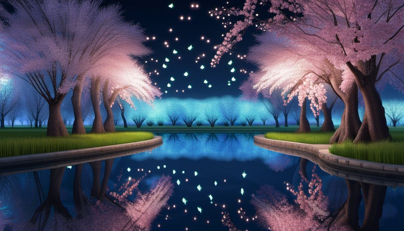 Reflective Pond With Cherry Blossom Willows