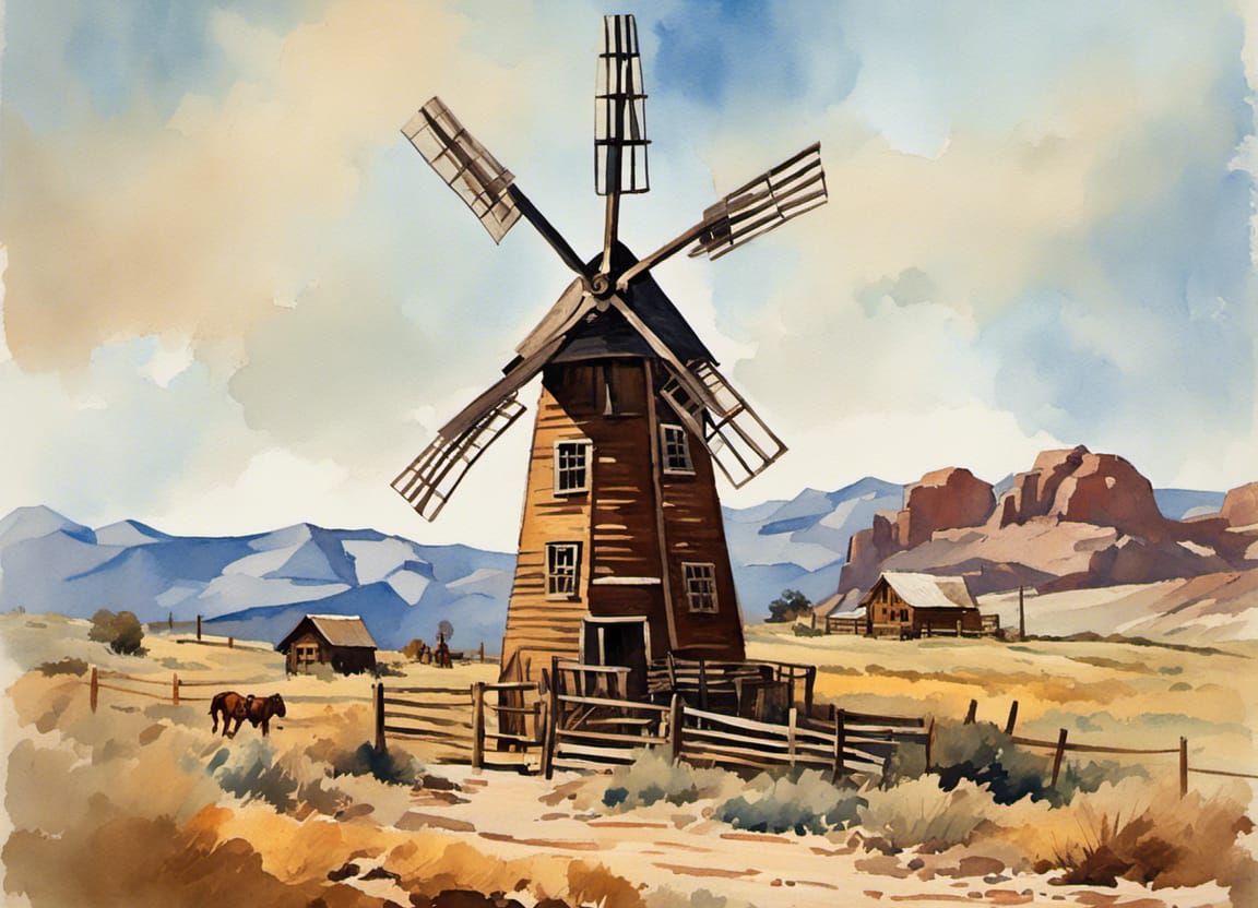 Windmill on Ranch in Wild West, Gouache Style